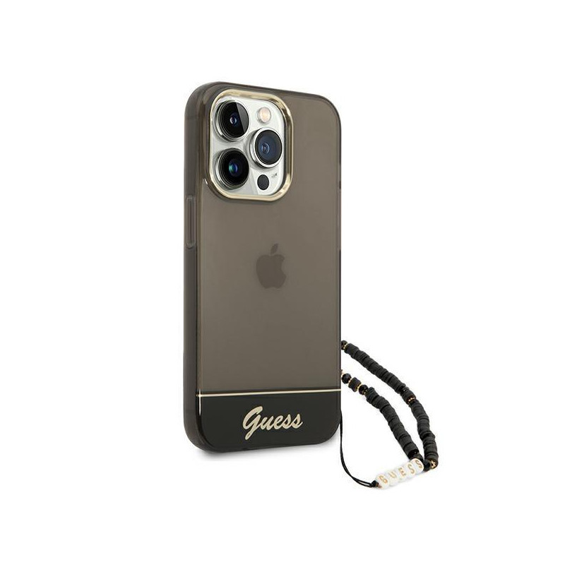Guess Translucent Pearl Strap dėklas, skirtas iPhone 14 Pro - juodas