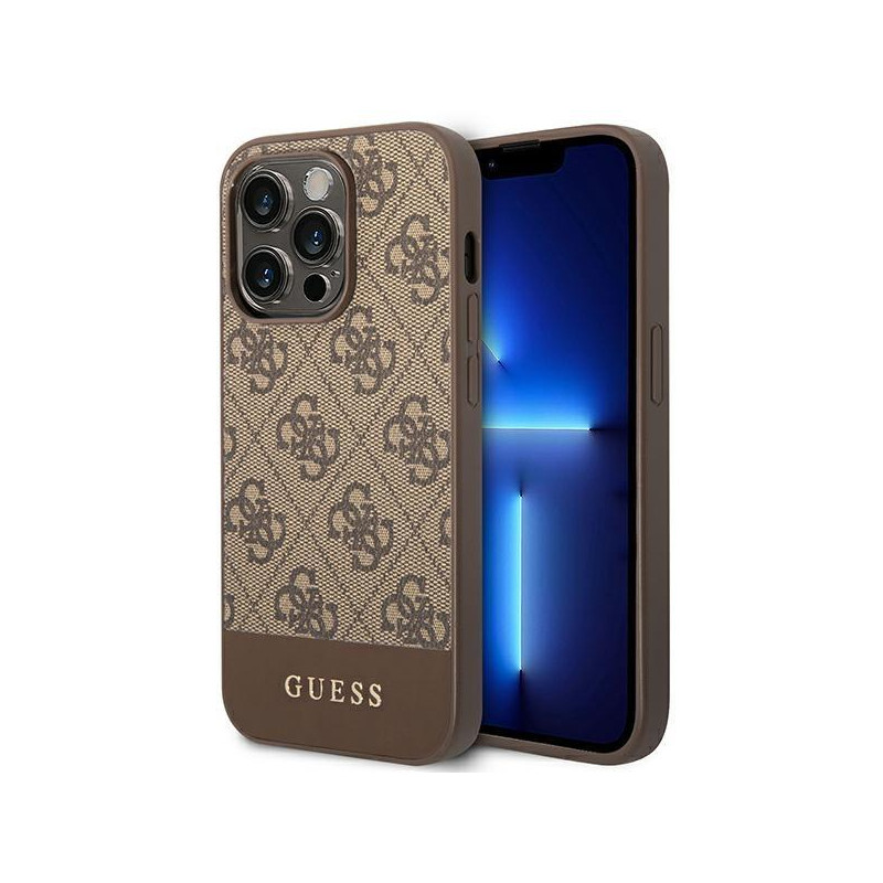 Guess GUHCP14LG4GLBR iPhone 14 Pro 6,1 colio rudas/ rudas kietas dėklas 4G Stripe Collection Guess GUHCP14LG4GLBR iPhone 14 Pro 6,1 colio rudas/ rudas kietas dėklas 4G Stripe Collection