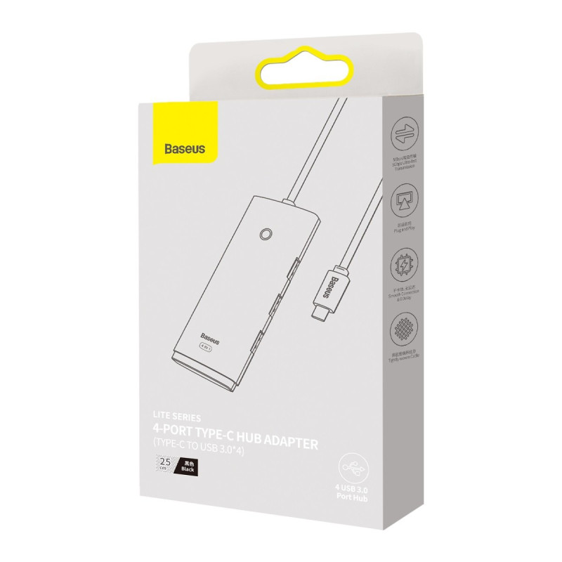 Lite serijos USB-C HUB adapteris 4x USB 3.0 25cm juodas