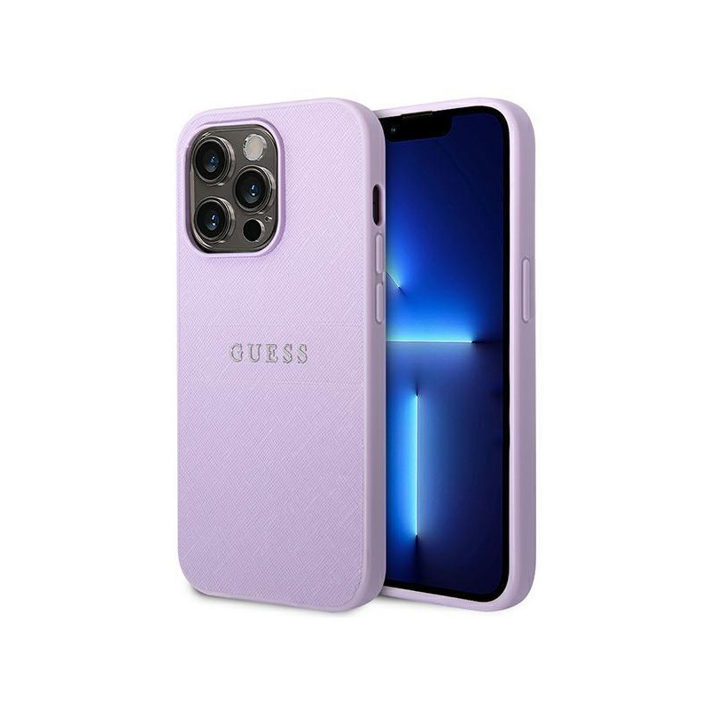 Guess Saffiano Strap dėklas, skirtas iPhone 14 Pro - violetinė