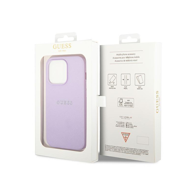 Guess Saffiano Strap dėklas, skirtas iPhone 14 Pro - violetinė