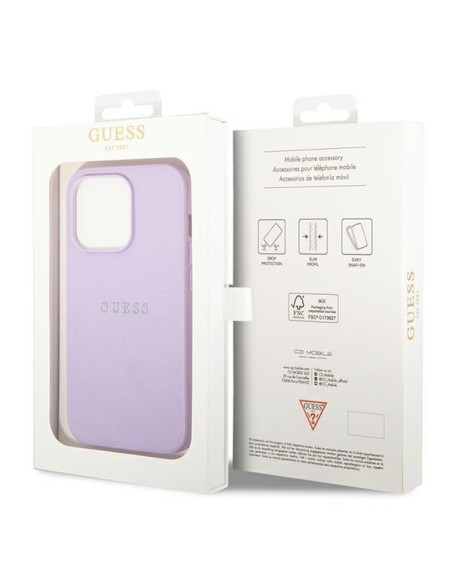 Guess Saffiano Strap dėklas, skirtas iPhone 14 Pro - violetinė Guess Saffiano Strap dėklas, skirtas iPhone 14 Pro - violetinė
