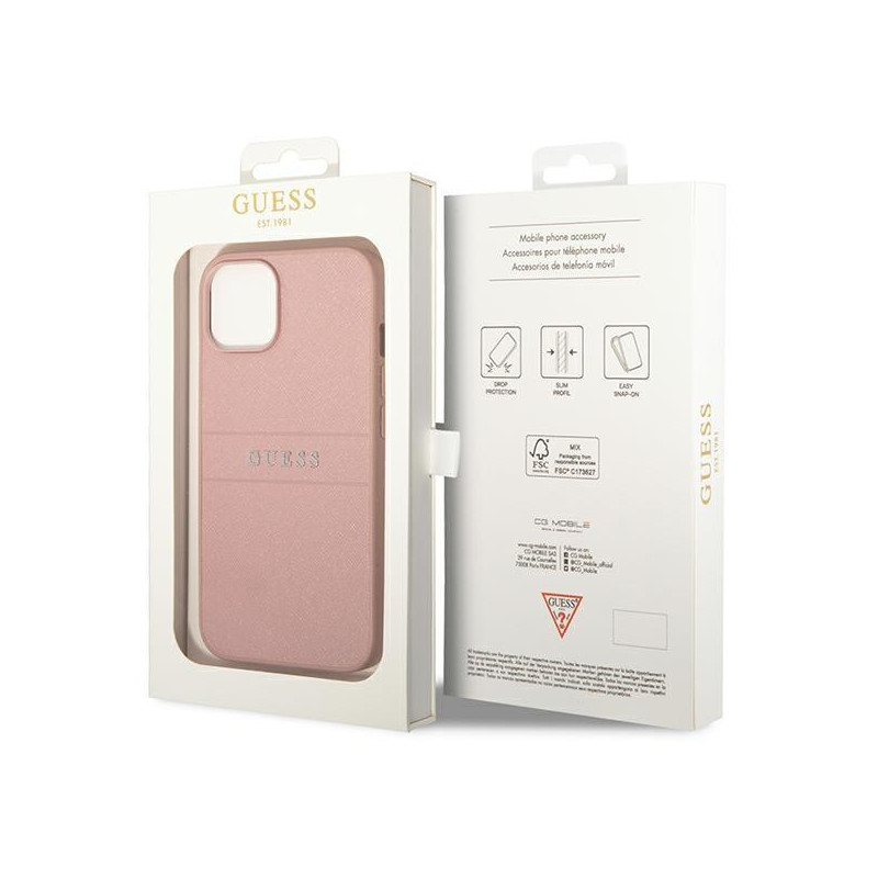 Guess Saffiano Strap dėklas iPhone 14 Plus - rožinis