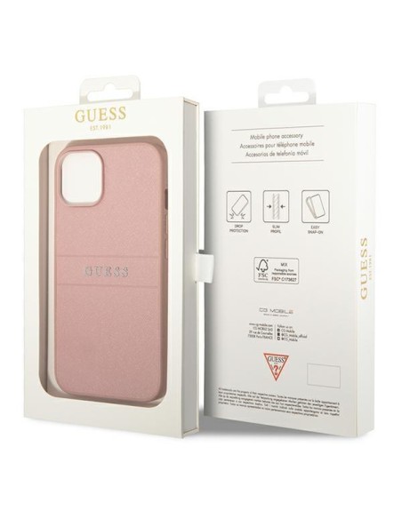 Guess Saffiano Strap dėklas iPhone 14 Plus - rožinis Guess Saffiano Strap dėklas iPhone 14 Plus - rožinis