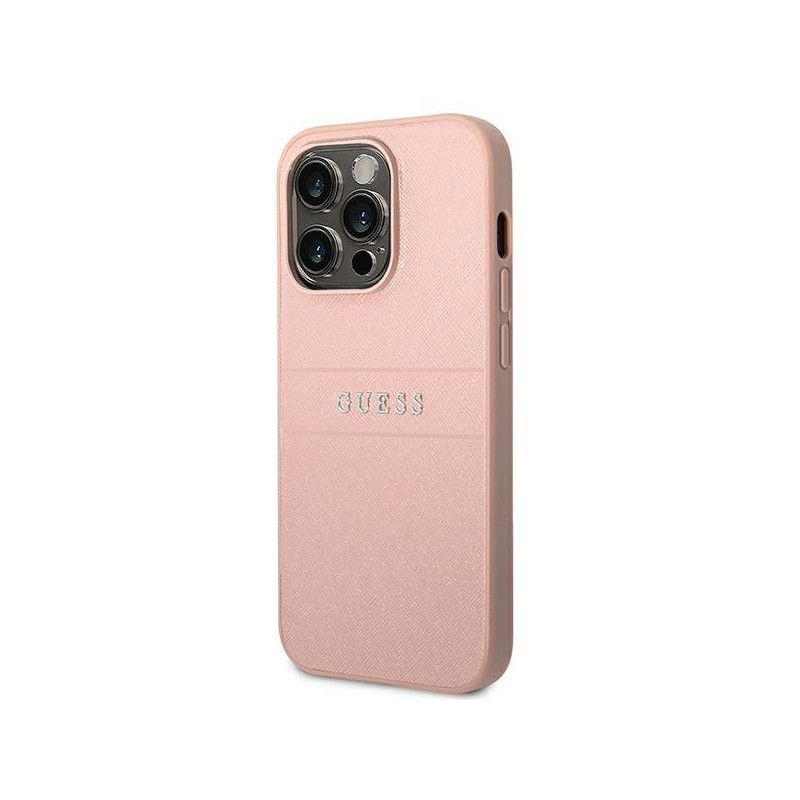 Guess Saffiano Strap dėklas iPhone 14 Pro - rožinis