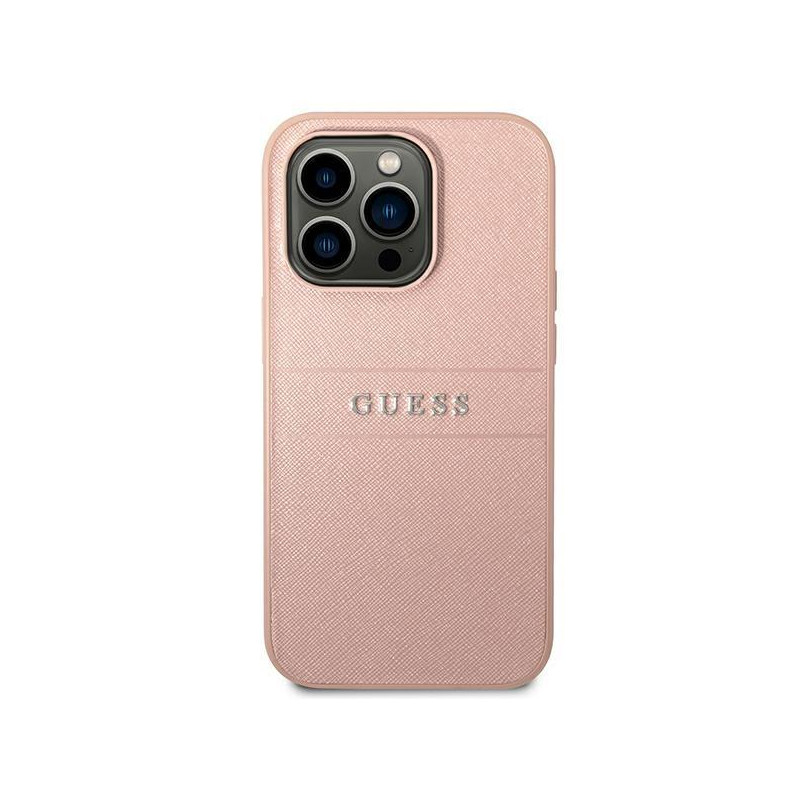 Guess Saffiano Strap dėklas iPhone 14 Pro - rožinis