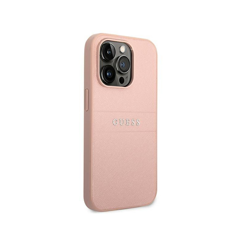 Guess Saffiano Strap dėklas iPhone 14 Pro - rožinis