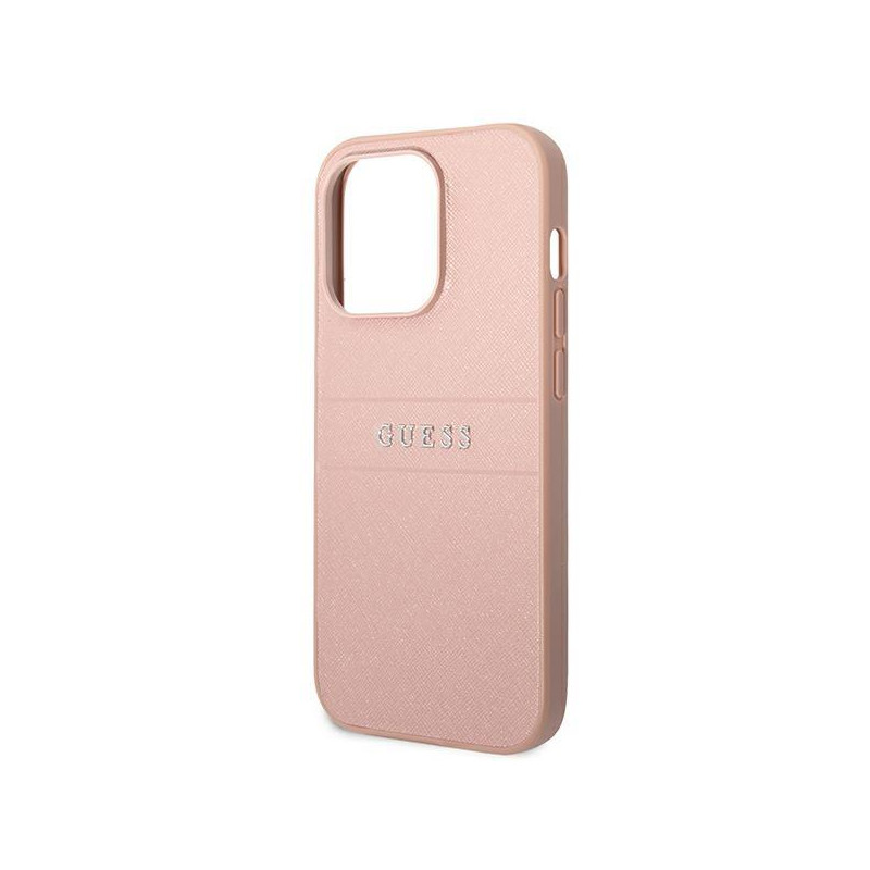 Guess Saffiano Strap dėklas iPhone 14 Pro - rožinis