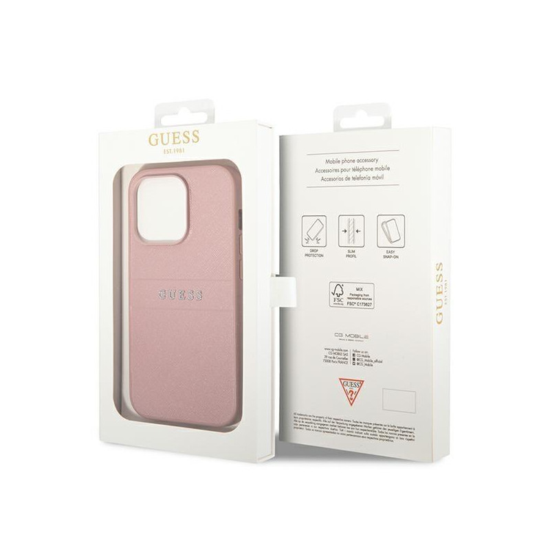 Guess Saffiano Strap dėklas iPhone 14 Pro - rožinis