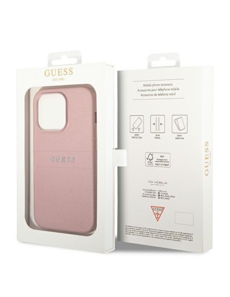 Guess Saffiano Strap dėklas, skirtas iPhone 14 Pro Max - rožinis