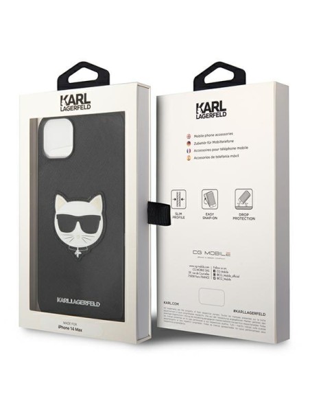 Karl Lagerfeld Saffiano Choupette Head Patch dėklas iPhone 14 Plus - juodas Karl Lagerfeld Saffiano Choupette Head Patch dėklas iPhone 14 Plus - juodas