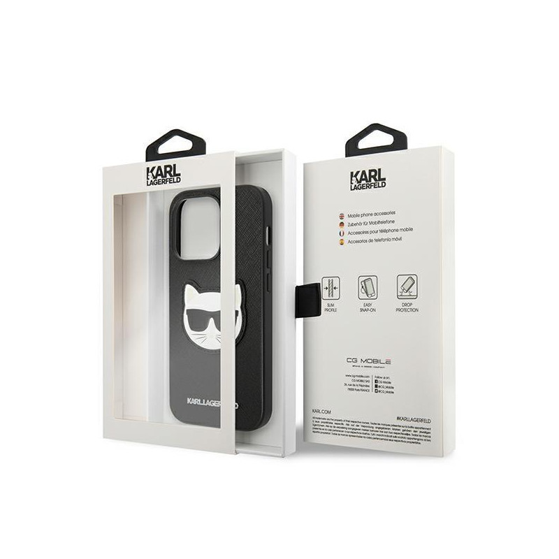 Karl Lagerfeld Saffiano Choupette Head Patch dėklas iPhone 14 Pro - juodas