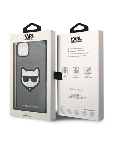 Karl Lagerfeld Saffiano Choupette Head Patch dėklas iPhone 14 - sidabrinis Karl Lagerfeld Saffiano Choupette Head Patch dėklas iPhone 14 - sidabrinis