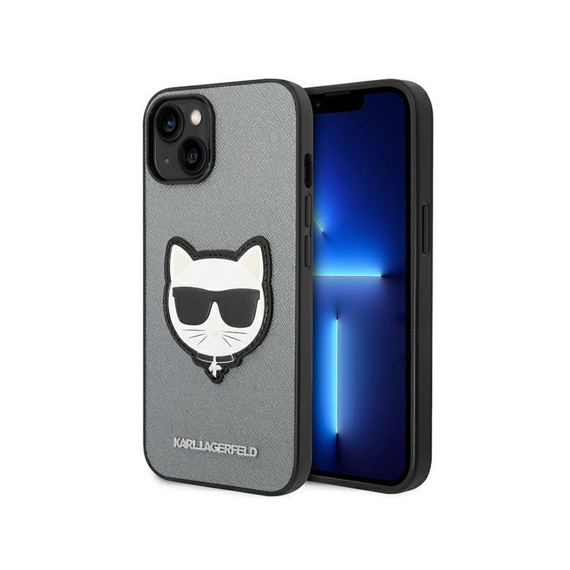 Karl Lagerfeld Saffiano Choupette Head Patch dėklas iPhone 14 Plus - sidabrinis Karl Lagerfeld Saffiano Choupette Head Patch dėklas iPhone 14 Plus - sidabrinis