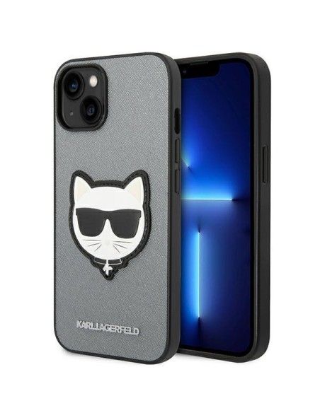 Karl Lagerfeld Saffiano Choupette Head Patch dėklas iPhone 14 Plus - sidabrinis