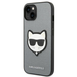Karl Lagerfeld Saffiano Choupette Head Patch dėklas iPhone 14 Plus - sidabrinis