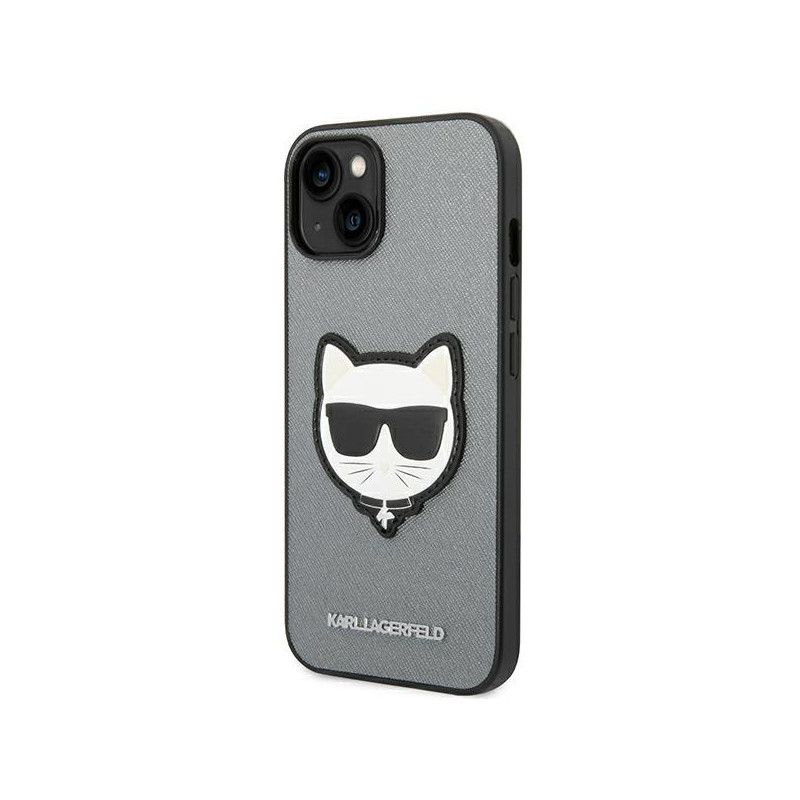 Karl Lagerfeld Saffiano Choupette Head Patch dėklas iPhone 14 Plus - sidabrinis