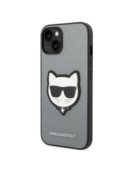 Karl Lagerfeld Saffiano Choupette Head Patch dėklas iPhone 14 Plus - sidabrinis