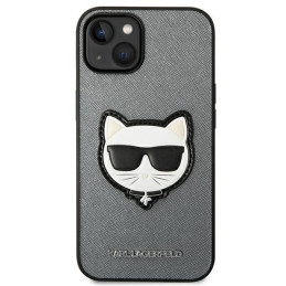 Karl Lagerfeld Saffiano Choupette Head Patch dėklas iPhone 14 Plus - sidabrinis