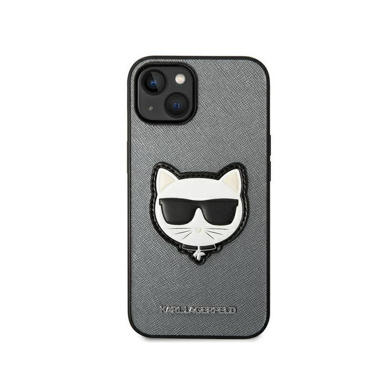 Karl Lagerfeld Saffiano Choupette Head Patch dėklas iPhone 14 Plus - sidabrinis