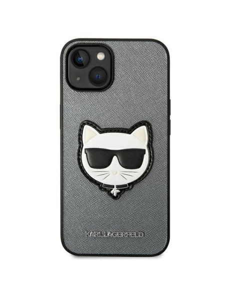 Karl Lagerfeld Saffiano Choupette Head Patch dėklas iPhone 14 Plus - sidabrinis