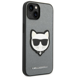 Karl Lagerfeld Saffiano Choupette Head Patch dėklas iPhone 14 Plus - sidabrinis