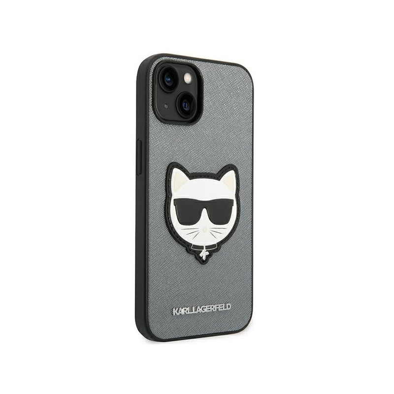 Karl Lagerfeld Saffiano Choupette Head Patch dėklas iPhone 14 Plus - sidabrinis