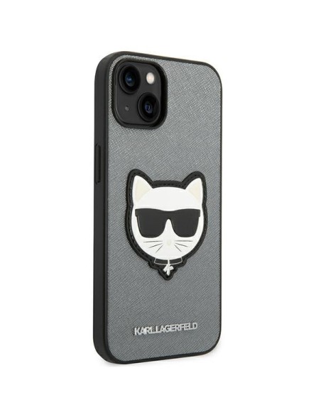Karl Lagerfeld Saffiano Choupette Head Patch dėklas iPhone 14 Plus - sidabrinis