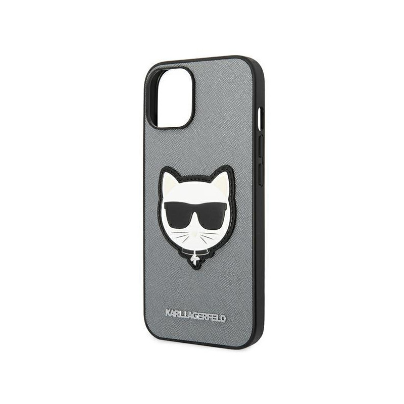 Karl Lagerfeld Saffiano Choupette Head Patch dėklas iPhone 14 Plus - sidabrinis