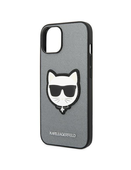 Karl Lagerfeld Saffiano Choupette Head Patch dėklas iPhone 14 Plus - sidabrinis