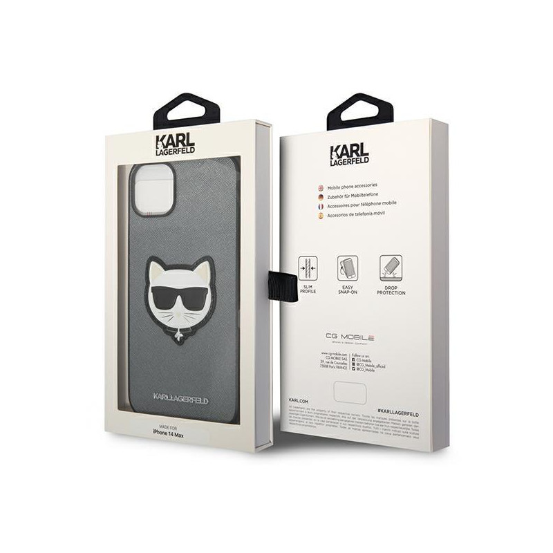 Karl Lagerfeld Saffiano Choupette Head Patch dėklas iPhone 14 Plus - sidabrinis