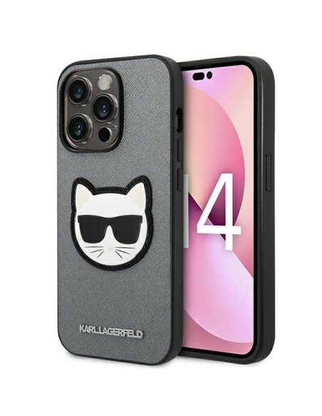 Karl Lagerfeld Saffiano Choupette Head Patch dėklas iPhone 14 Pro - sidabrinis Karl Lagerfeld Saffiano Choupette Head Patch dėklas iPhone 14 Pro - sidabrinis