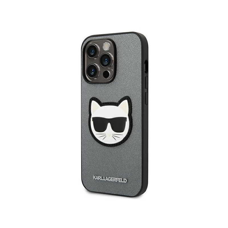 Karl Lagerfeld Saffiano Choupette Head Patch dėklas iPhone 14 Pro - sidabrinis