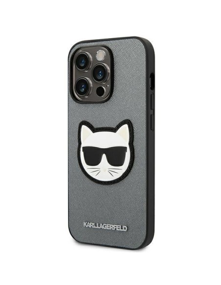 Karl Lagerfeld Saffiano Choupette Head Patch dėklas iPhone 14 Pro - sidabrinis Karl Lagerfeld Saffiano Choupette Head Patch dėklas iPhone 14 Pro - sidabrinis