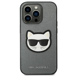 Karl Lagerfeld Saffiano Choupette Head Patch dėklas iPhone 14 Pro - sidabrinis