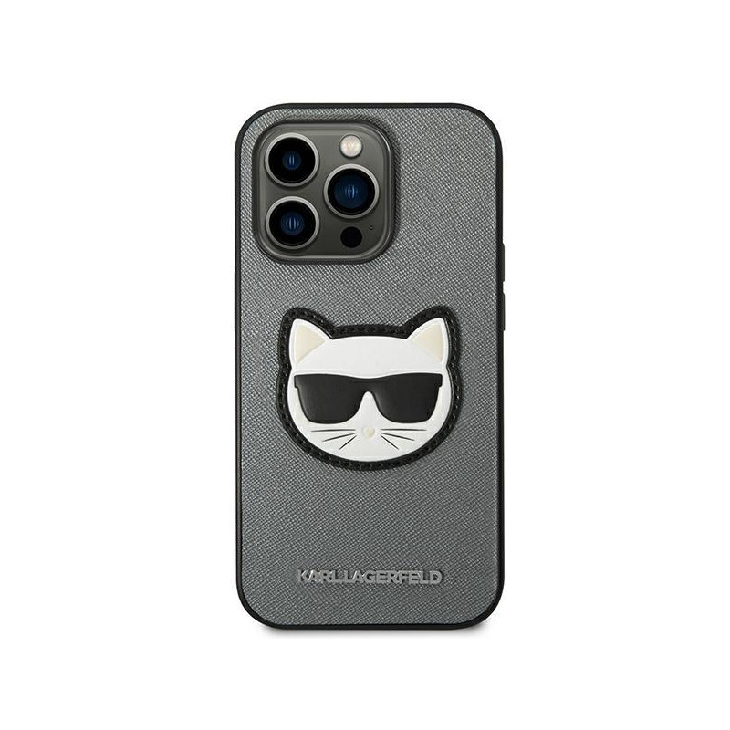 Karl Lagerfeld Saffiano Choupette Head Patch dėklas iPhone 14 Pro - sidabrinis