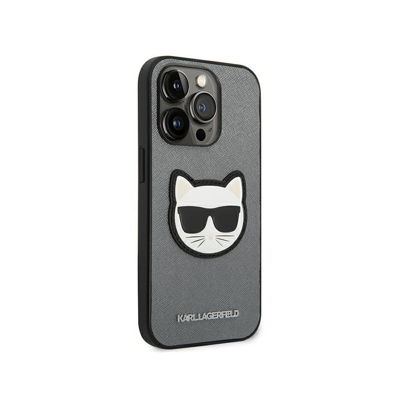 Karl Lagerfeld Saffiano Choupette Head Patch dėklas iPhone 14 Pro - sidabrinis
