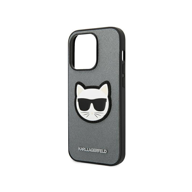 Karl Lagerfeld Saffiano Choupette Head Patch dėklas iPhone 14 Pro - sidabrinis