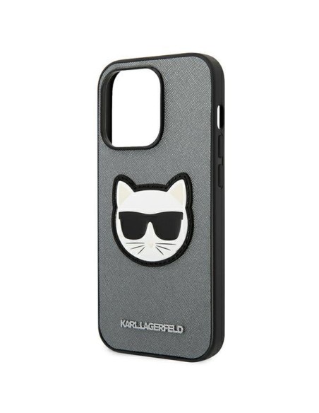 Karl Lagerfeld Saffiano Choupette Head Patch dėklas iPhone 14 Pro - sidabrinis Karl Lagerfeld Saffiano Choupette Head Patch dėklas iPhone 14 Pro - sidabrinis
