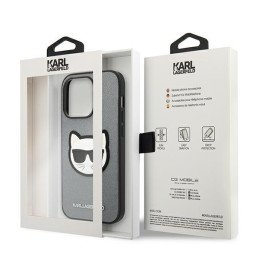 Karl Lagerfeld Saffiano Choupette Head Patch dėklas iPhone 14 Pro - sidabrinis
