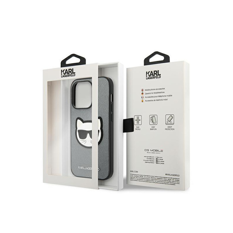 Karl Lagerfeld Saffiano Choupette Head Patch dėklas iPhone 14 Pro - sidabrinis