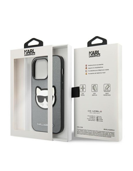 Karl Lagerfeld Saffiano Choupette Head Patch dėklas iPhone 14 Pro - sidabrinis Karl Lagerfeld Saffiano Choupette Head Patch dėklas iPhone 14 Pro - sidabrinis