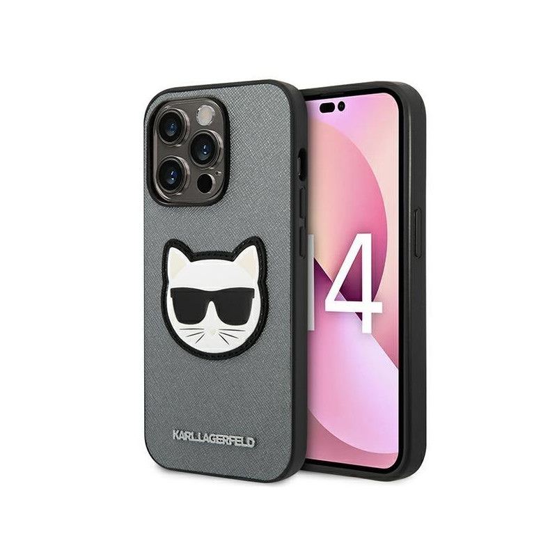 Karl Lagerfeld Saffiano Choupette Head Patch dėklas iPhone 14 Pro Max - sidabrinis Karl Lagerfeld Saffiano Choupette Head Patch dėklas iPhone 14 Pro Max - sidabrinis