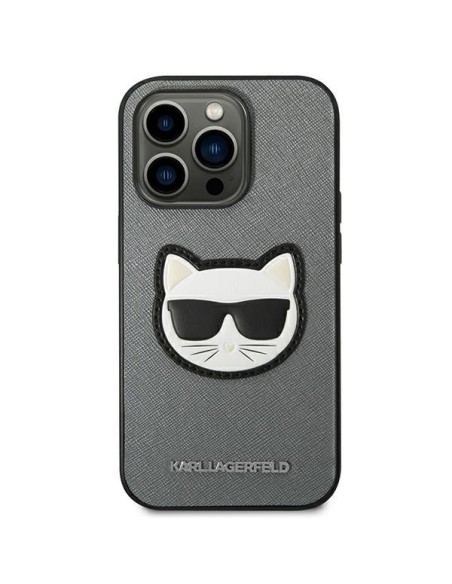 Karl Lagerfeld Saffiano Choupette Head Patch dėklas iPhone 14 Pro Max - sidabrinis