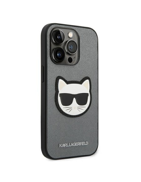 Karl Lagerfeld Saffiano Choupette Head Patch dėklas iPhone 14 Pro Max - sidabrinis