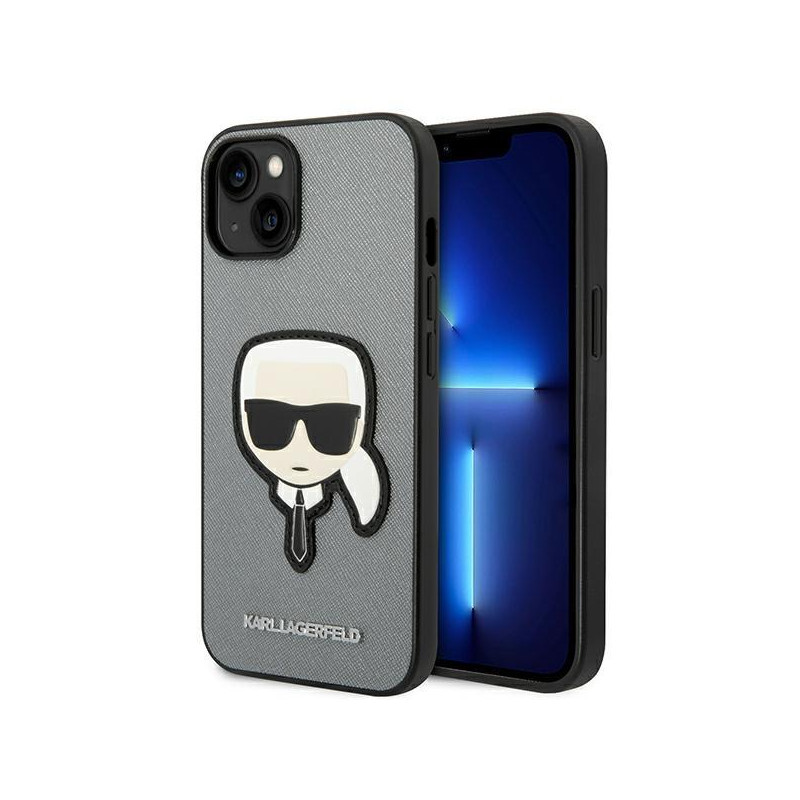 Karl Lagerfeld Saffiano Karl& 39 s Head Patch dėklas, skirtas iPhone 14 Plus – sidabrinis Karl Lagerfeld Saffiano Karl& 39 s Head Patch dėklas, skirtas iPhone 14 Plus – sidabrinis
