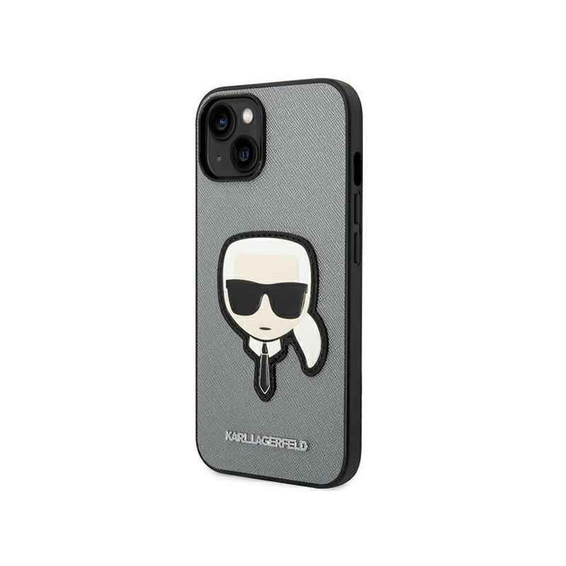 Karl Lagerfeld Saffiano Karl& 39 s Head Patch dėklas, skirtas iPhone 14 Plus – sidabrinis