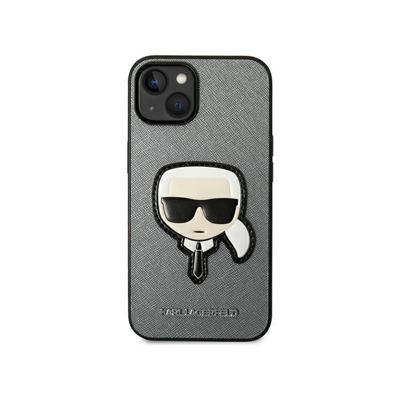 Karl Lagerfeld Saffiano Karl& 39 s Head Patch dėklas, skirtas iPhone 14 Plus – sidabrinis
