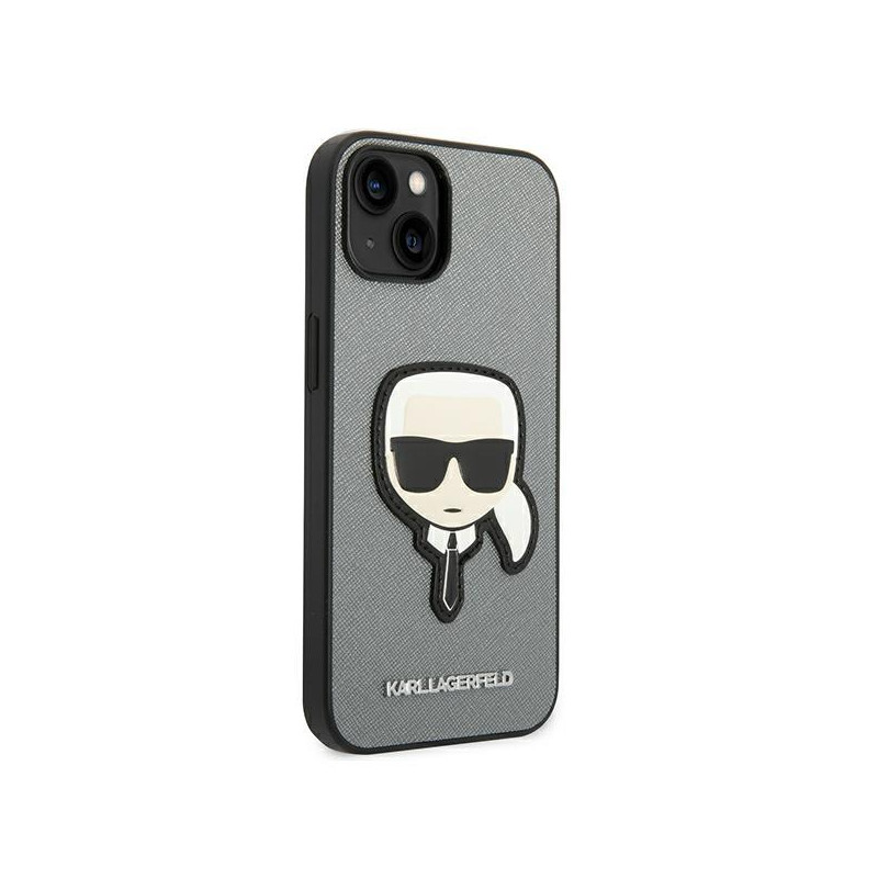 Karl Lagerfeld Saffiano Karl& 39 s Head Patch dėklas, skirtas iPhone 14 Plus – sidabrinis