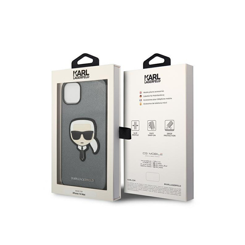 Karl Lagerfeld Saffiano Karl& 39 s Head Patch dėklas, skirtas iPhone 14 Plus – sidabrinis